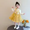 Novo Vestido Estilo Chinês para Meninas Moda Primavera Estiloso Bebê Menina Estilo Chinês Saia Princesa Texturizada Conjunto de Duas Peças Primavera e Outono
