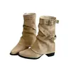 2026 Hebilla Nuevo Milenio Tacón Apilado Botas de Media Caña Retro para Mujer Puntiagudas Tacón Grueso Botas de Jinete Adelgazantes Plisadas