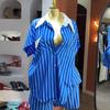 Ropa Femenina Transfronteriza Europea y Americana 2025 Nuevo Otoño Casual Camisa de Rayas Azules con Solapa de Botones Traje de Pantalones Anchos