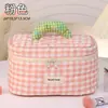 Bolsa de Maquillaje Ins de Cuadros Color Crema, Fresca y Sencilla, Bolsa de Almacenamiento Cosmético Portátil de Gran Capacidad, Neceser de Viaje