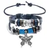 Joias de Venda Quente Transfronteiriça Pulseira Decorativa Grande Borboleta de Liga Personalizada Estilo Retrô Trançado com Contas Couro de Boi Pulseira Versátil