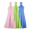 Al por mayor Otoño 2026 Nuevo Estilo Europeo y Americano Vestido Midi Azul de Cuello Halter para Mujer 12602