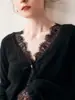 Suéter Elegante Francês de Gola V em Cashmere Moda Feminina Renda Cashmere Solto Tamanho Grande Jaqueta Cardigan Tricotada