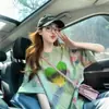 Camiseta Holgada de Algodón Puro para Mujer con Diseño de Tinta Salpicada Estilo Chino, Súper Popular, Degradado Corazón Graffiti, Top de Longitud Media Adelgazante, Moderno