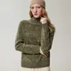 Fio de Lã Kang Sai Ni Estilo Grosso Outono e Inverno Feminino 100% Cashmere Malha Camada Base Manga Longa Gola Meio Alta Suéter Solto