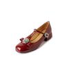 Zapatos de mujer Mary Jane plateados de punta redonda con tacón grueso y tira en T, de charol con lazo de pedrería, estilo princesa, tacón medio, boca escotada