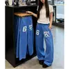 Estilo callejero europeo y americano, azul, corte holgado, pierna ancha, unisex, bordado con estampados de letras, pantalones deportivos casuales de pierna recta