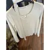 Coleção Outono MISS Feminino: Camiseta de manga longa, gola redonda com meia-abertura, estilo coreano, suave e versátil 51125 (com fita)