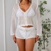 Cárdigan de Encaje con Cordones para Mujer Moda Europea y Americana Transfronteriza Camisa Tejida Calada Protector Solar de Playa Manga Larga Cover-Up Chaqueta Casual