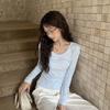 Foto Real # Camada Base Feminina Estilo Europeu Slim Fit Outono Inicial Top Azul Gola Redonda Manga Longa Camiseta