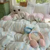 Juego de ropa de cama de cuatro piezas de algodón lavado con encaje color crema estilo japonés para niñas, funda de edredón estilo coreano, sábana bajera y funda de edredón, juego de tres piezas para dormitorio