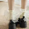 Calcetines con Moño para Mujer, Media Pantorrilla, Estilo Japonés JK Lindo, Regalo para Novio, Lolita Hada, Encaje Blanco
