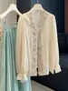 Camisa Feminina Elegante de Renda Bordada Estilo Francês, Manga Longa, Verão, Decote V, Versátil, Soltinha, Chique, Blusa Top