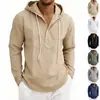 Camisa Henley con capucha a rayas de lino para hombre, ajuste holgado, estilo casual americano, popular, manga larga, transfronteriza de Amazon