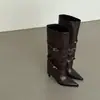 Primer Encuentro Ji Punta Fina Hebilla de Cinturón de Metal Remaches Botas Vaqueras Occidentales Retro Tacones Altos Jinete Chica Picante Piernas de Bota Alta