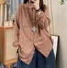 Chegada Nova Primavera 2026 Camisa de Botão com Lapela de Manga Longa e Listras Verticais Camisa Casual Solta Artística Feminina Feminina
