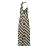 Novo Vestido Listrado Simples de Comércio Exterior Estilo Transfronteiriço Primavera/Verão Estilo Europeu e Americano com Decoração de Fita, Gola Fluida, Decote Halter e Saia Longa