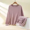 Otoño e Invierno Cuello Redondo Cálido Manga Larga Camiseta Básica Conjunto de Dos Piezas talla extra Casual Ajustado Color Sólido Ropa de Otoño Pantalones de Otoño Traje Interior