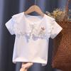Camiseta de manga corta de algodón puro con cuello de encaje para niñas (verano 2024)