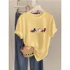 Camiseta de Algodão Puro Manga Curta Estilo Verão 2026 Estampa de Pônei Desenho Animado para Mulheres, Top Amarelo Versátil Casual Soltinho Tendência