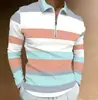 Camisa polo de manga larga con cremallera para hombre, europea y americana, nueva para otoño e invierno, con estampado digital, polo a rayas casual