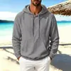 Nova blusa de moletom com capuz de algodão e linho estilo europeu e americano para homens, cor sólida, manga longa, top solto casual versátil