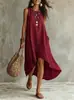 Vestido de marca independiente, estilo vacacional de verano transfronterizo europeo y americano, vestido sin mangas de color liso, corte holgado, cuello redondo, vestido largo asimétrico
