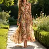 Nuevo vestido retro de moda con estampado floral, botones y mangas largas, un elegante vestido largo con cordones, perfecto para el comercio internacional de Amazon
