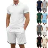 Comercio Exterior Amazon Moda Masculina Casual Estampado 3D Botón Color Sólido Manga Corta Pantalones Cortos Conjunto POLO desde Fábrica de Origen