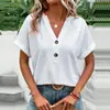 Primavera/Verano 2026 Europeo y Americano Transfronterizo Amazon Sitio Independiente Camiseta Casual para Mujer Color Sólido Botones Cuello en V Top Dulce de Manga Corta