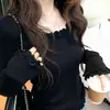 Camiseta Base de Terciopelo Alemán con Temperamento Dulce Coreano para Mujer Otoño Invierno Camiseta con Volantes de Doble Capa Francesa Top de Cuello Redondo Manga Larga