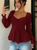 Otoño 2026 Nuevo Amazon TUME Europeo y Americano Cuello en V Cordón Fruncido Sexy Manga Corta Color Sólido Manga Larga Ropa para Mujer