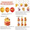 Set de fiesta de cumpleaños temático de hamburguesas al estilo americano y pollo frito con platos de papel desechables, vasos, mantel, banderines y globos para decoración