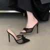 Sapatos de Salto Alto Mulher Estilo Novo Europeu e Americano Atacado de Comércio Exterior Laço Agulha Malha Bico Aberto Bico Fino Salto Alto Chinelos
