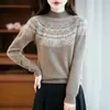 Suéter de lana jacquard de punto suelto listo para usar para otoño e invierno para mujer, cuello semi-alto