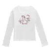 Camiseta blanca de manga larga para mujer, estilo coreano, cuello en U, hombro normal, estampado de poni de dibujos animados, adecuada para primavera y otoño, versátil, corte ajustado, top de moda