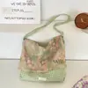 65155 Bolsa de Lona com Estampa Floral Azul e Xadrez Azul, Estilo Casual para Viagem de Estudante, Bolsa de Ombro Cruzada Artística