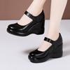 Cuero Genuino Punta Redonda Tacón Alto Tacón de Cuña Combinable Boca Baja Zapatos de Una Capa Impermeable Plataforma Zapatos Casuales de Cuero Talla Pequeña Zapatos de Plataforma Plataforma Otoño de Mujer