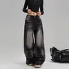 Jeans Americano Retro de Perna Larga para Mulheres Nova Coleção Primavera 2025 Preto Cinza Calças Retas Largas Calças com Efeito Emagrecedor