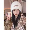 Gorro de Punto de Lana para Mujer con Etiqueta de Cuero, Gorro de Punto de Lana Versátil Casual para Otoño e Invierno, Resistente al Viento y Cálido con Protección para los Oídos, Gorro para Clima Frío Venta al por Mayor