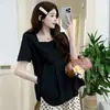 Ropa de maternidad: Elegante Camisa Cuadrada, Top Babydoll Adelgazante + Pantalones Casuales de Lunares con Soporte para la Barriga Conjunto de Maternidad