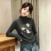 Camiseta de Manga Larga de Felpa para Niñas Ropa Infantil Versátil Otoño/Invierno Nuevo Estilo Niños Medianos y Grandes Cuello Semialto Camiseta Interior Rayada