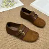 Sapatilhas Femininas Retrô com Dupla Fivela, Patchwork de Camurça, Bico Dividido Sintético para Primavera/Outono 2026, Solado Macio, Boca Rasa, Sapatos de Moda Planos