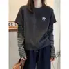 2026 Novo Modelo Camiseta Feminina Listrada de Manga Longa Falsa Duas Peças Espessa, Roupa de Outono
