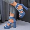 Sandalias de Tacón Alto Talla Grande de Exportación de Mezclilla Verano 2025 Estilo Nuevo Cremallera Trasera Tacón Grueso Borla Sandalias Europeas y Americanas Talla de Mujer 43