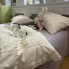 Juego de Cama de Algodón Puro Estilo Princesa con Ribete de Encaje de Cuatro Piezas, Clase A, Adecuado para Dormir Desnudo, Sábana de Algodón Puro Estilo Francés, Sábana Ajustable, Funda de Edredón, Juego de Tres Piezas para Dormitorio