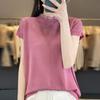 Nuevo Estilo Primavera y Verano Camiseta de Punto para Mujer Manga Corta de Tencel con Borde de Organza, Holgada, Encaje Calado, Versátil, Moderna