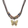 Collar Retro Transfronterizo Europeo y Americano Personalizado para Hombre Colgante de Mariposa de Metal Cadena de Cuentas Hecha a Mano Cuentas de Madera Cadena de Lana