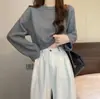 Nuevo Suéter de Punto de Color Sólido Estilo Coreano para Otoño e Invierno, Cuello Redondo, Corto, Versátil, Holgado, Elegante, Moderno para Mujer