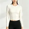 Top Cropped de Manga Longa com Costura Ribana de Alta Elasticidade para Yoga Feminino, Gola Redonda, Franzido Lateral para Emagrecer, Respirável, para Corrida, Fitness, Esportes